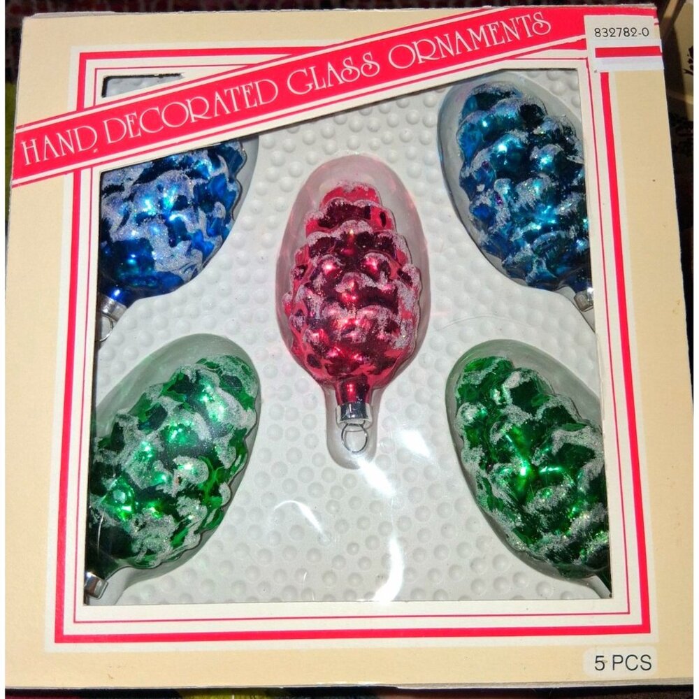 Vintage Hand-Decorated Handblown Glass Pinecone Christmas Ornaments 5 Pcs Multic